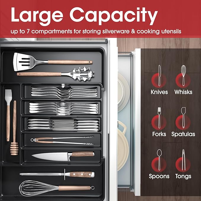 Aujen Expandable Kitchen Drawer Organizer - Multipurpose Black Cutlery and Utensil Organizer for Knives, Forks and More