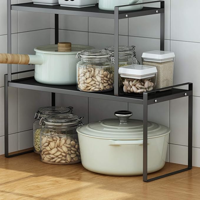 ideaglass Countertop Organizer, Cupboard Stand Spice Rack, 20" Cabinet Pantry Shelf, Organization and Storage For Kitchen Bathroom, Metal Plate Black