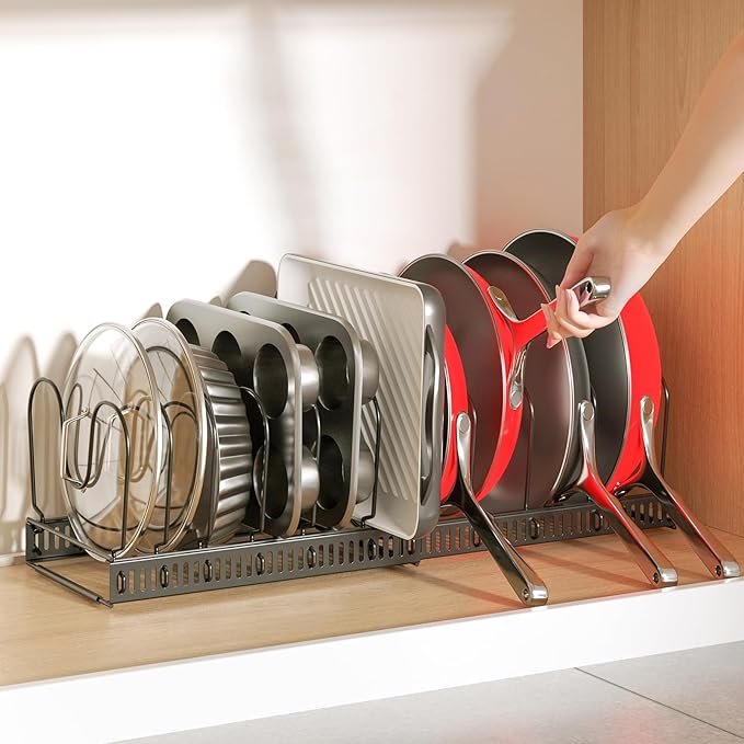 ORDORA Pots and Pans Organizer under Cabinet with Pan Holder: Expandable 11.8"-22.8" Kitchen Cabinet Organizer Rack, 12 Adjustable Dividers Storage for Cookie Sheets, Cutting Boards & Heavy Cookware