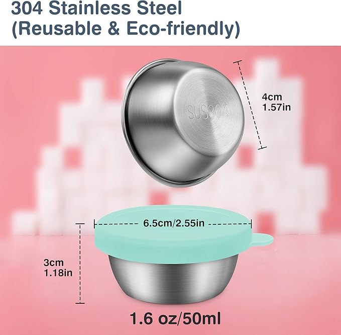 Salad Dressing Container To Go, 6x1.6 oz Small Containers with Lids, Reusable Sauce Containers for Lunch Box, 18/8 Stainless Steel Condiment Cup, Easy to Open, Leakproof Dipping Sauce Cups