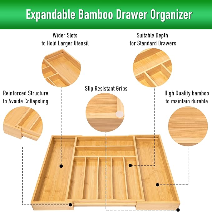 Large Expandable Utensil Organizer Silverware Organizer for Kitchen Adjustable Utensils Holder Bamboo Flatware Silverware Cutlery in Drawer (9 slot, Natural
