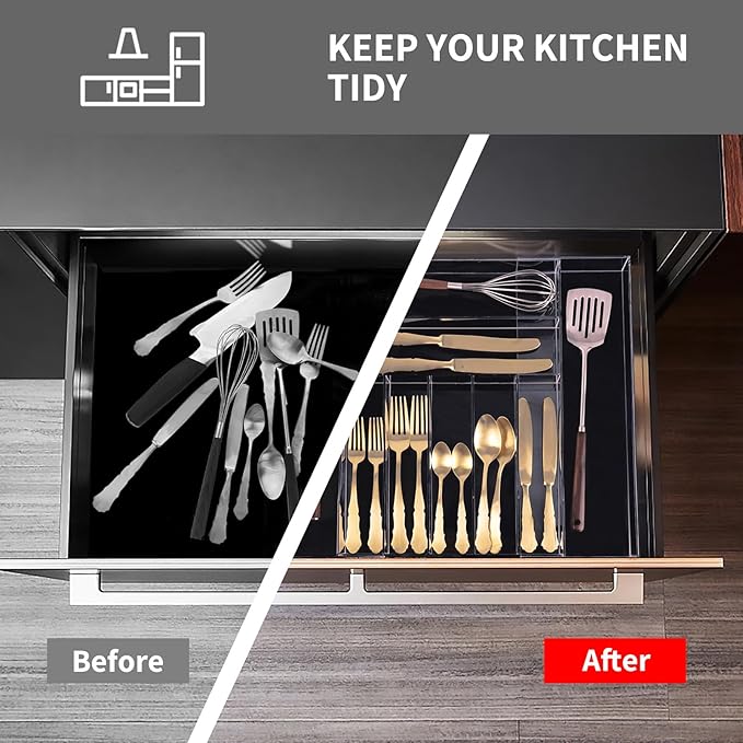 Clear Acrylic Drawer Organizer for Kitchen Utensils and Flatware, Adjustable Silverware Tray with 9 Compartments for Drawers, Office, and Bathroom Storage