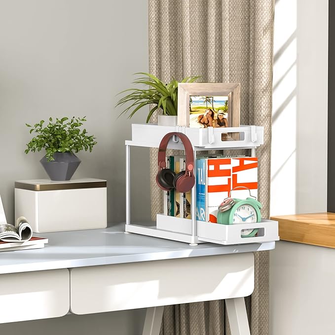 Under Sink Organizers and Storage, 2 Pack Large Capacity Heavy Load Double Pull-out Under Sink Shelves with Sliding Drawer for Kitchen and Bathroom, White