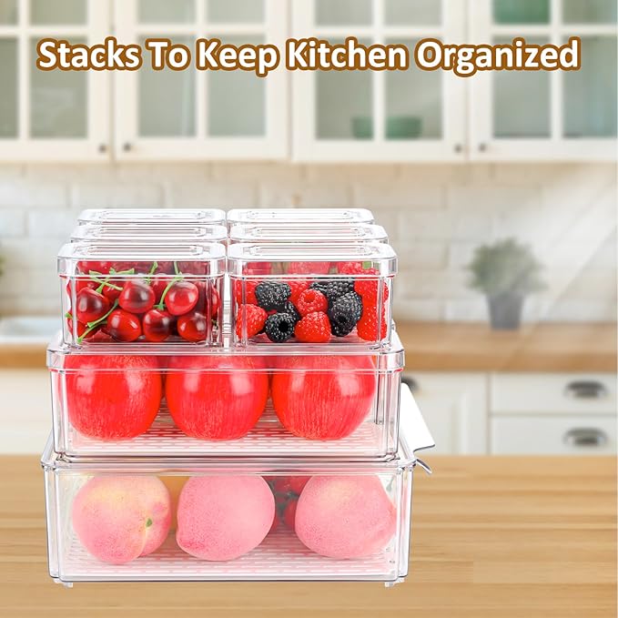 10 Pack Fridge Organizer, Stackable BPA-Free Refrigerator Organizer Bins with Lids, Fruit Storage Containers for Fruit Vegetable Food Drinks Cereals Clear