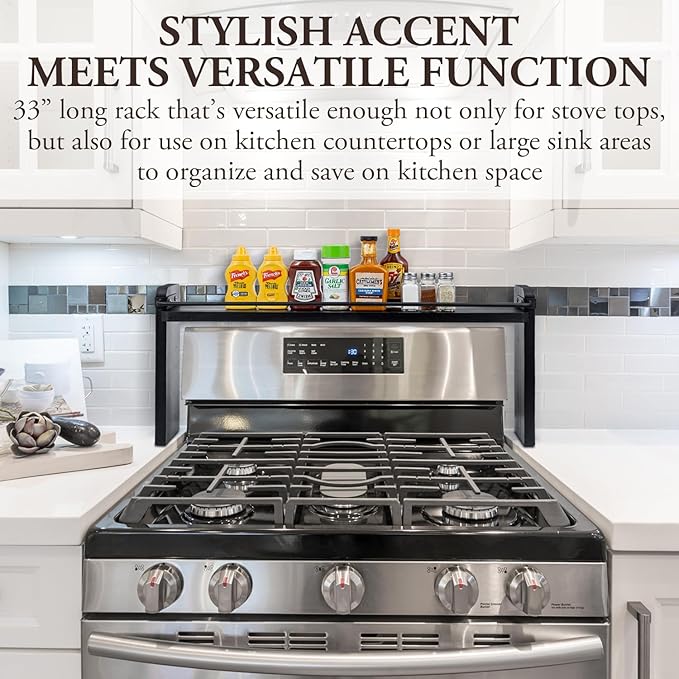 MyGift 33 Inch Wide Over The Stove Top Spice Shelf, Rustic Coal Black Solid Wood and Industrial Black Metal Space Saving Stovetop Range Storage Display Rack