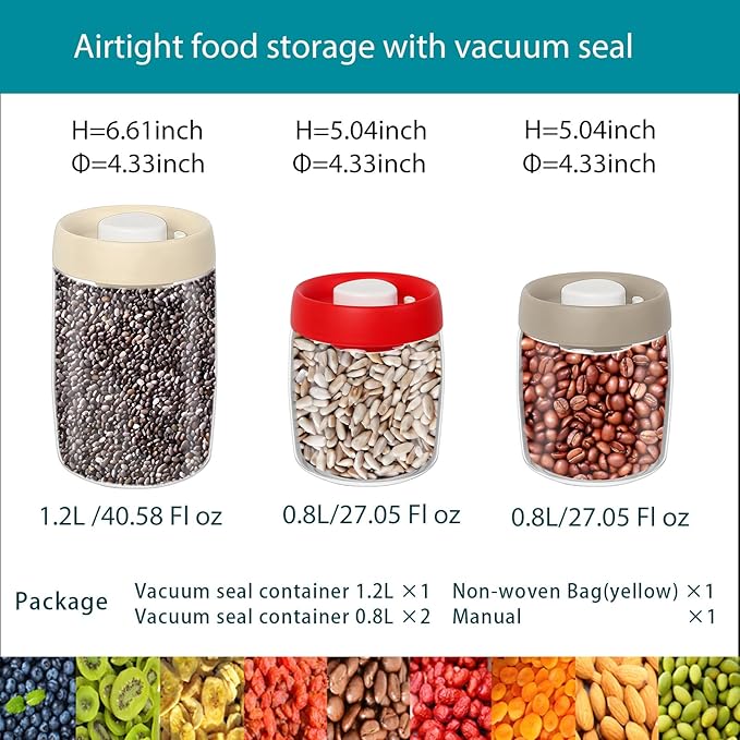 Vacuum Containers 3 Pcs, Triple Seal Airtight Food Storage, 2.95 Quart or 94.7 Fl Oz Total, Preserve Fresh and Fragrant for Snacks, Sugar, Spices, Nuts and Coffee Containers