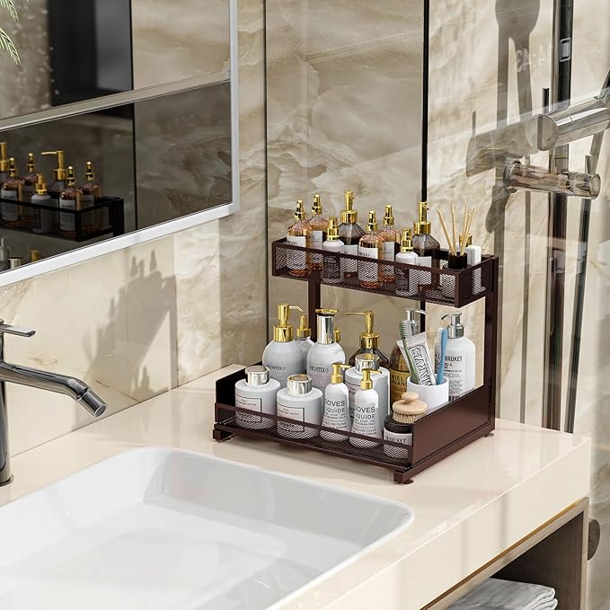 Under Sink Organizer and Storage, 2 Tier Pull Out Cabinet Organizer, Slide Out Under Sink Storage Shelf, Undersink Organizers Shelves for Kitchen Bathroom Pantry Organization (Bronze)