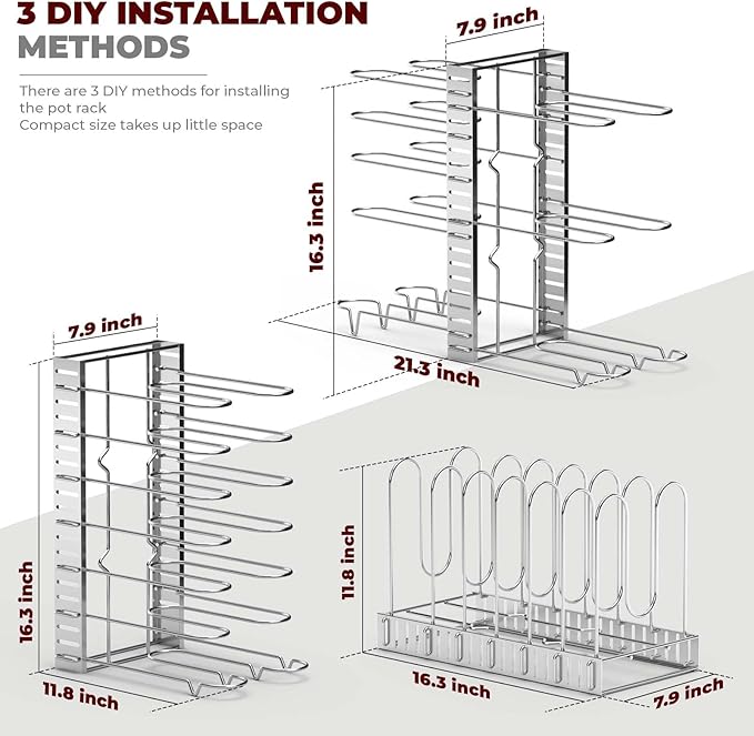 Vdomus Pot Rack Organizer - 3 DIY Methods, Pan and Lid Storage for Cabinet Organizing, 8+ Pot and Pan Holder, Adjustable Pot Rack Lid Holder (Silver)
