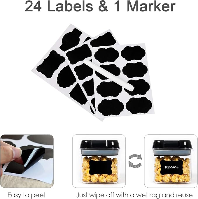 Vtopmart Airtight Food Storage Containers, 7 Pieces BPA Free Plastic Cereal Organizer Canisters with Easy Lock Lids, for Kitchen Pantry Organization, 24 Labels, Black