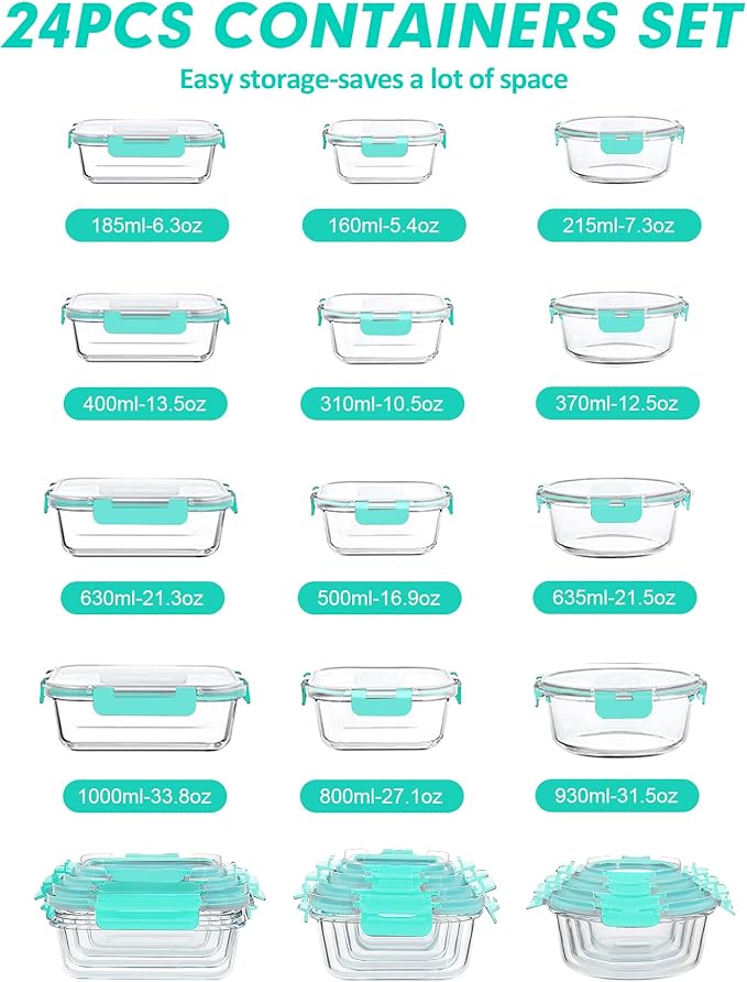 VERONES 24 Pieces Glass Food Storage Containers Set, Airtight Glass Lunch Containers, Glass Meal Prep Containers with Lids,Exclusive of BPA, for Microwave, Oven, Freezer & Dishwasher Friendly,Green