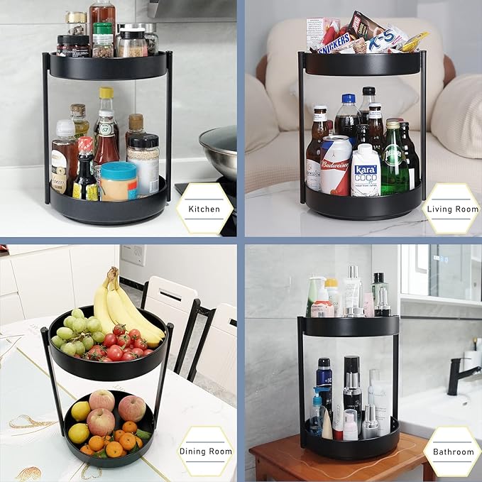 2-Tier 360° Lazy Susan Organizer, 10 inch Metal Steel Rotating Spice Rack, Turntable Organizer for Cabinet, Pantry, Bathroom, Countertop