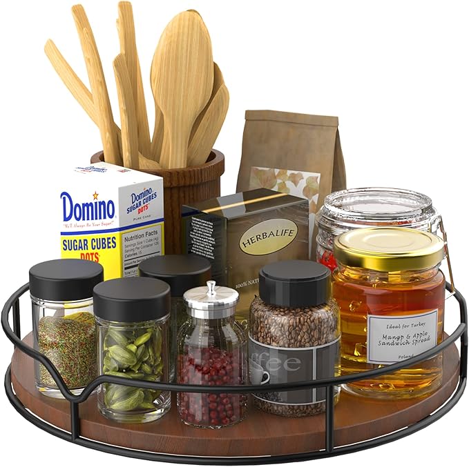 Lazy Susan Turntable Organizer for Cabinet Pantry Kitchen Countertop Refrigerator Cupboard, Pine Wood, 9", Brown