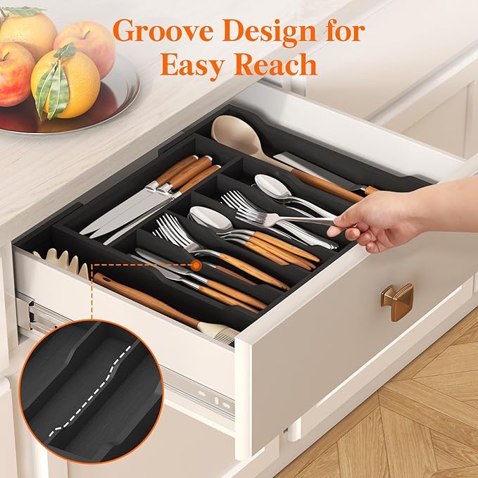 Lifewit Silverware Drawer Organizer, Expandable Utensil Tray for Kitchen, Bamboo Flatware and Cutlery Holder, Wood Adjustable Storage for Spoons Forks Knives, Large, Black