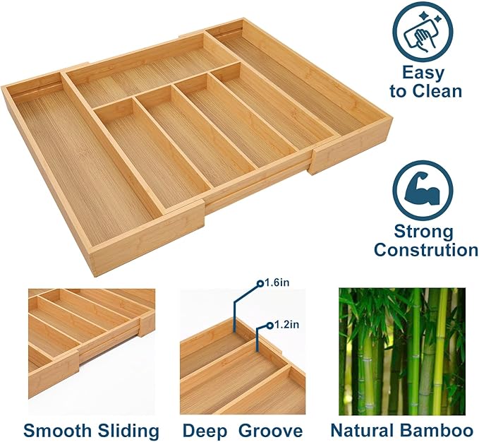 Expandable Kitchen Drawer Organizer,Bamboo Silverware Organizer for Utensils,Adjustable Flatware Tray(16.92 * 13.30~22.83 * 1.96)