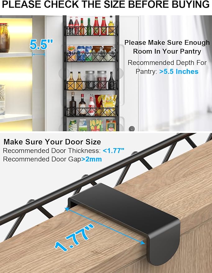 Over the Door Pantry Organizer, 9-Tier Pantry Door Organizer with Adjustable Basket, Metal Spice Rack Storage for Kitchen Pantry Black
