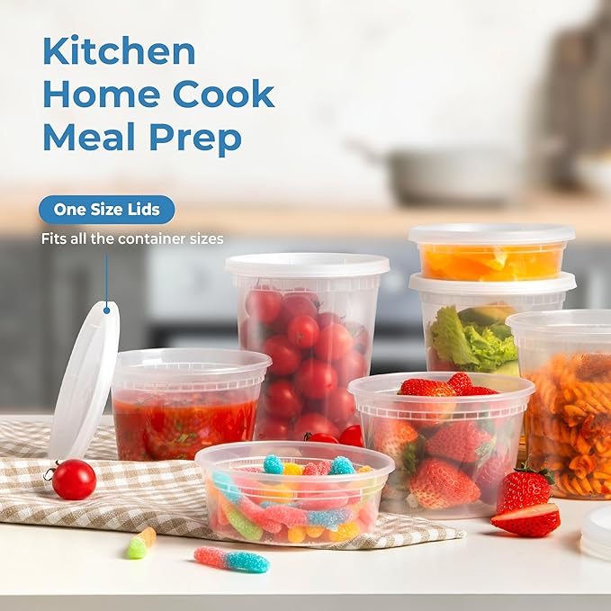 Fit Meal Prep 40 Pack 16 32 oz Deli Containers with Lids Variety Pack, US Made Leakproof Assorted Plastic Soup Container, Combo Clear Food Storage Containers for Restaurant, Microwave Freezer Safe