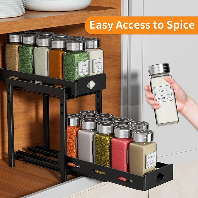 RCHYFEED Pull Out Spice Rack Organizer for Cabinet, 2-Tier Heavy Duty Slide Out Spice Rack for Inside Cabinets & Pantry, Kitchen Seasoning Organizer Vertical Spice Racks,5.5" Wx10.8 Dx9.7 H,Black