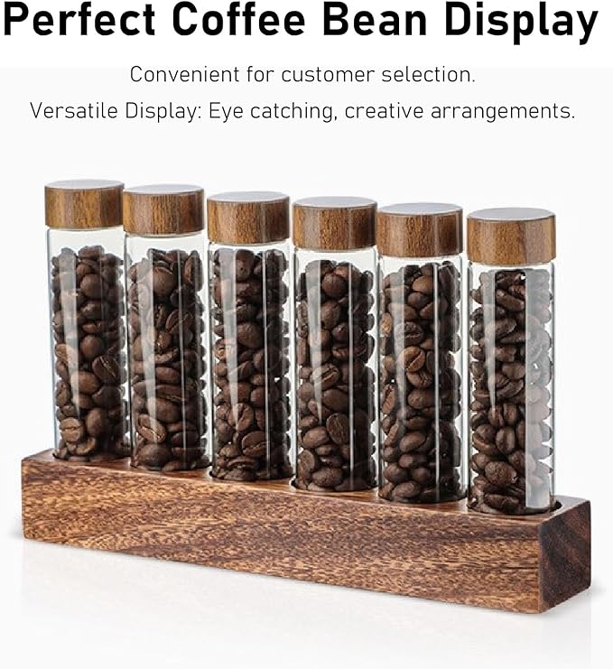 Coffee Bean Storage Tubes Single Dose, 6PCS or 12PCS Coffee Bean Cellar, Dosing Glass Vials with Lids, Wooden Display Stand and Funnel, Airtight Sealed Glass Canister Jars Tubes