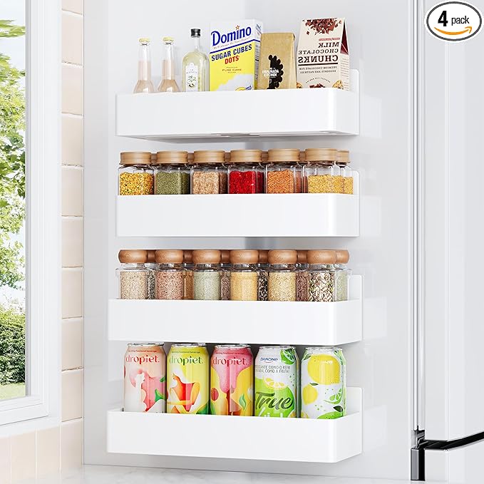 Magnetic Spice Rack for Refrigerator, Kitchen Organizer and Storage Shelf, White (4 Pack)…