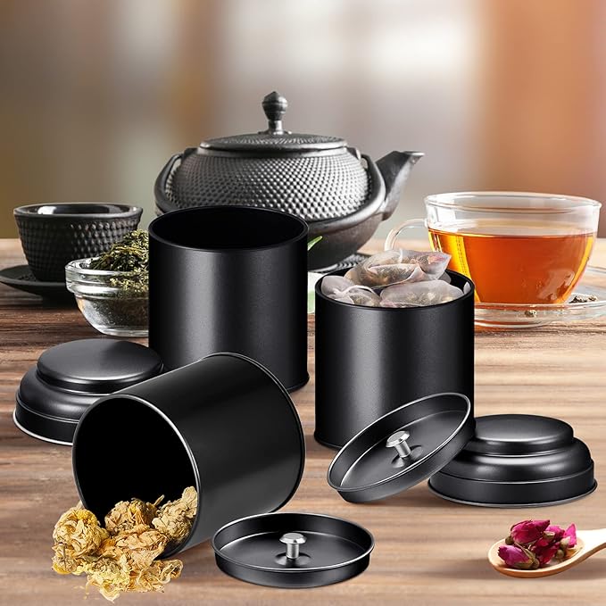 12 Pcs Tea Tin Canister with Airtight Double Lids 8 oz Round Tin Can Box Small Kitchen Tea Canister Loose Leaf Storage Containers for Loose Bags Coffee Sugar Candy Spices(Black)