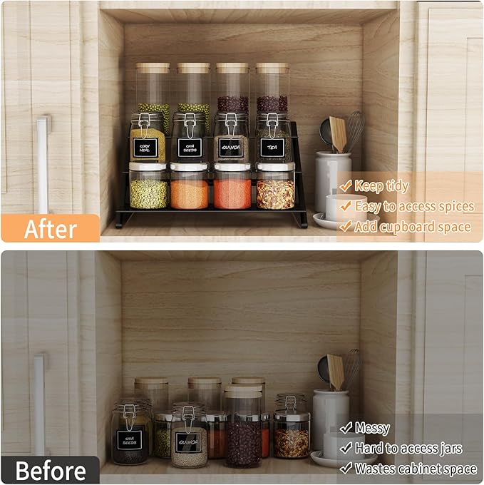 3 Tier Spice Rack Organizer for Cabinet, Metal with Wood Step Shelf Countertop Spice Storage Holder, Seasoning Organizer for Kitchen, Pantry, Black, 2 Pack