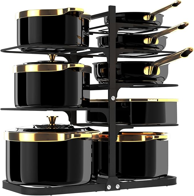 Podxco Heavy Duty Pots and Pans Organizer Under Cabinet: 8-Tier Adjustable Pot and Pan Organizer, Space Saving Pan Organizers Inside Cabinet, 21" Kitchen Storage Pot Rack Organizer for Cast Iron Pan