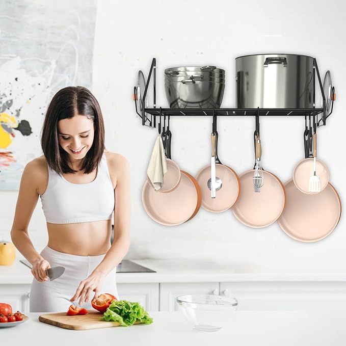 35 Inch Pot Rack Wall Mounted, Pots and Pans Organizer with 12 Hooks and 2 Pot Lid Holders, Heavy Duty Steel Pot and Pan Hanger for Kitchen Cookware Utensils Storage 34.7" Lx13 Wx12.6 H