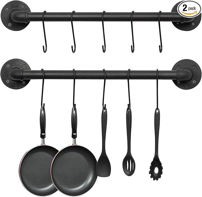 OROPY Wall Mounted Pot Pan Rack 21'' Set of 2, Industrial Utensils Wall Hanger Iron Pipe Kitchen Hanging Rail with 10 S Hooks
