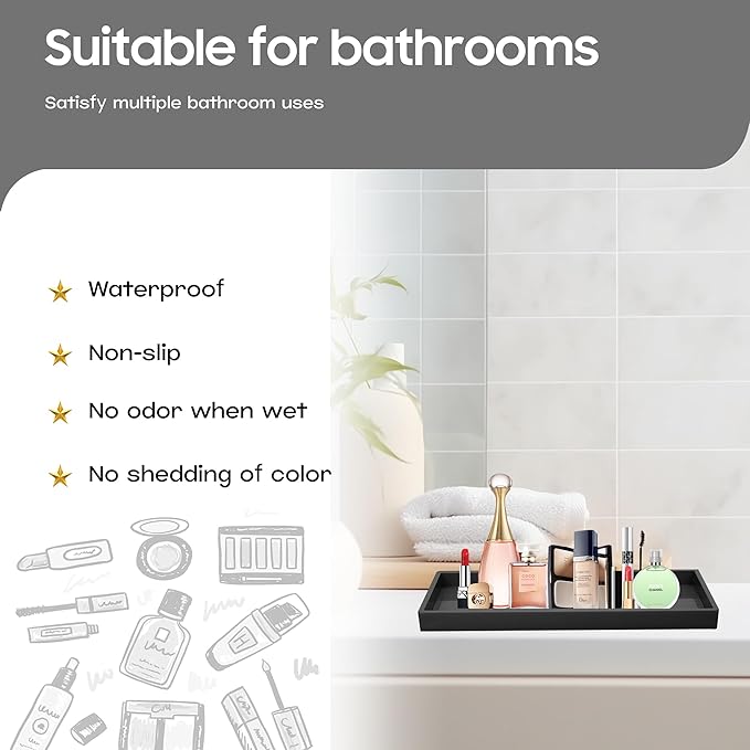 Vanity and Bathroom Tray, 15" ABS Countertop Organizer,Waterproof Vanity Tray for Toilet Tank,Perfume,Soap,Keys,Bathroom Accessories,Kitchen and Bath Trays,Non Slip Small Trays,Black,2 Pack