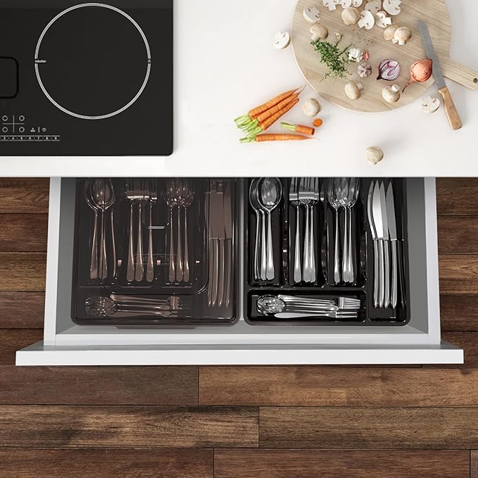 Silverware Organizer with Lid for Drawer, Plastic Utensil Holder for Countertop, Flatware Organizer Cutlery Tray with Cover 5 Compartments (2 Layer-Black)