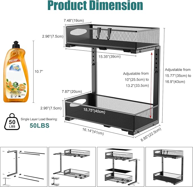 2 Pack Under Sink Organizer, 2 Tier Metal Pull Out Under Sink Storage with Sliding Mesh Drawers, Height Adjustable Slide Out Under Sink Organizer for Kitchen Bathroom Cabinet, Black