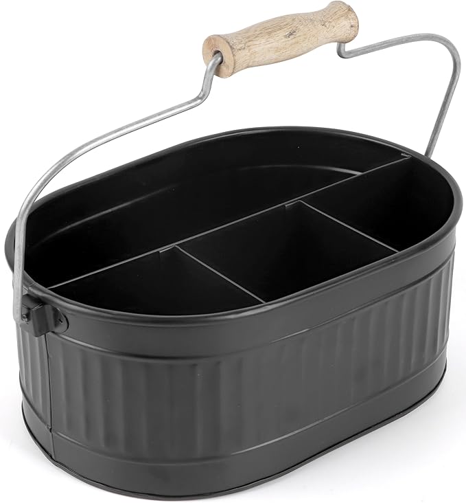CLEENTABLE Rustic Galvanized Utensil Caddy - Farmhouse Silverware Holder for Kitchen, Dining, Picnic, Parties - Matte Black, 12-Inch, Durable Cutlery Organizer with Handle, Countertop Storage
