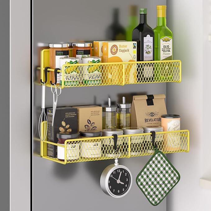 Magnetic Spice Rack for Refrigerator, 2 Pack Metal Magnetic Shelf, Moveable Spice Organizer with Hooks, Super Magnetic Fridge Shelf for Kitchen Organization and Storage, Yellow