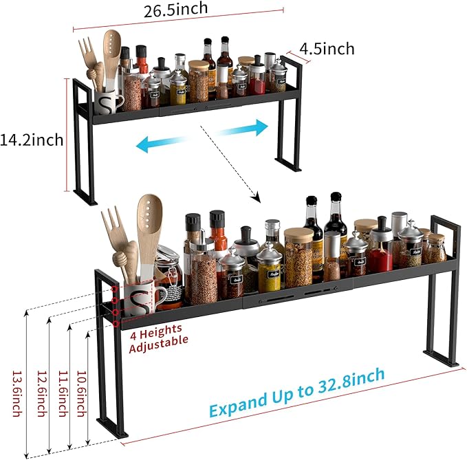 Stove Top Shelf, Kitchen Over Shelf for Stove, Stove Spice Rack for Top, Adjustable 27-33inch, Fits Various Stove Lengths, Kitchen Spice Organizer, Condiments and BBQ Sauces, Black