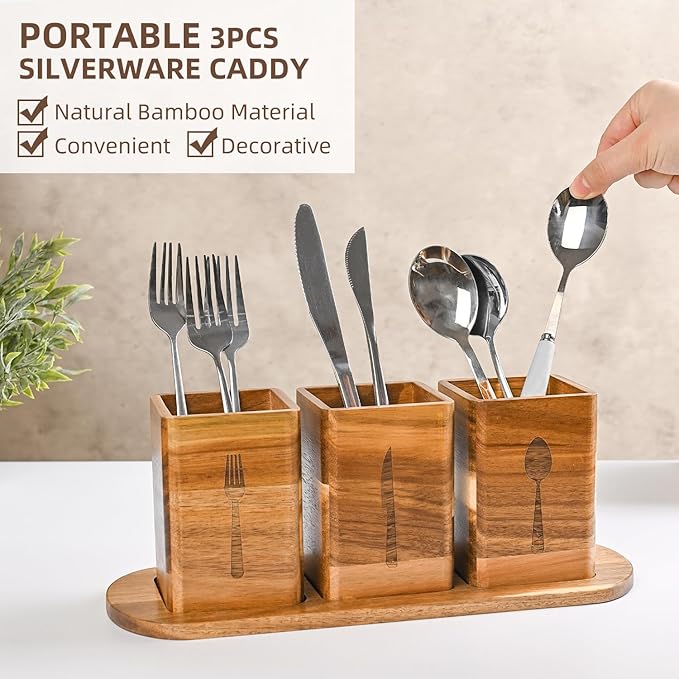 GEHE 3Pcs Silverware Caddy for Patry, Utensil Holder for Countertop, Silverware Holder Flatware Organizers with tray, Kitchen Utensil Organizers for Forks, Spoons, and knives