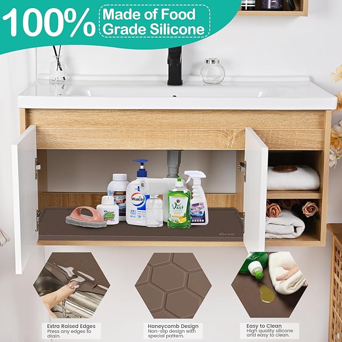 Waterproof Under Sink Mat 31" x 22", Silicone Cabinet Liner, Rubber Protector for Kitchen and Bathroom, Keeps Cabinets Clean, Dry, and Organized (Brown)