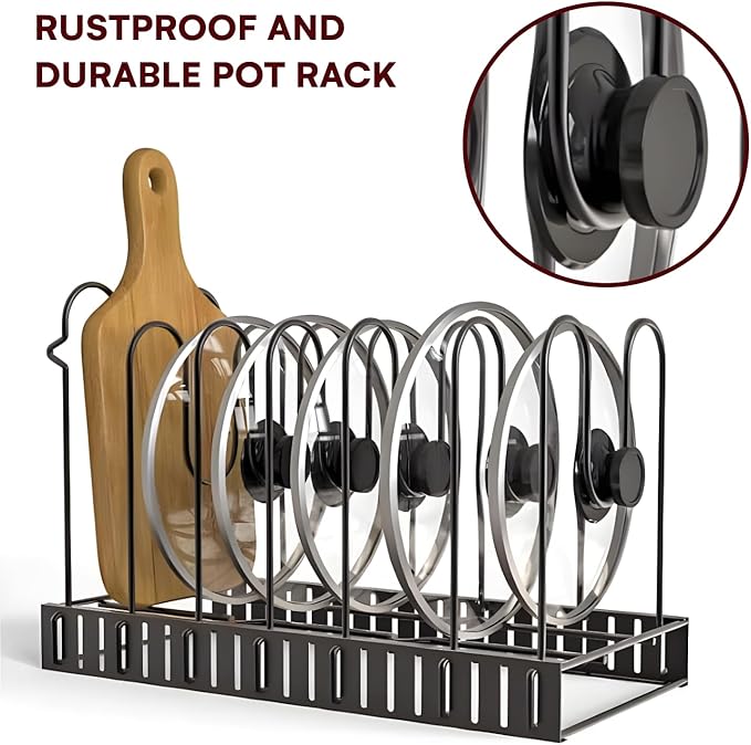 GeekDigg Adjustable Pots and Pans Organizer - 8 Tier Versatile Kitchen Pot Rack for Counter and Cabinet - Easy Setup, 3 DIY Installation Ways, Accommodates 8+ Pots and Pans - Space-Saving Black Design