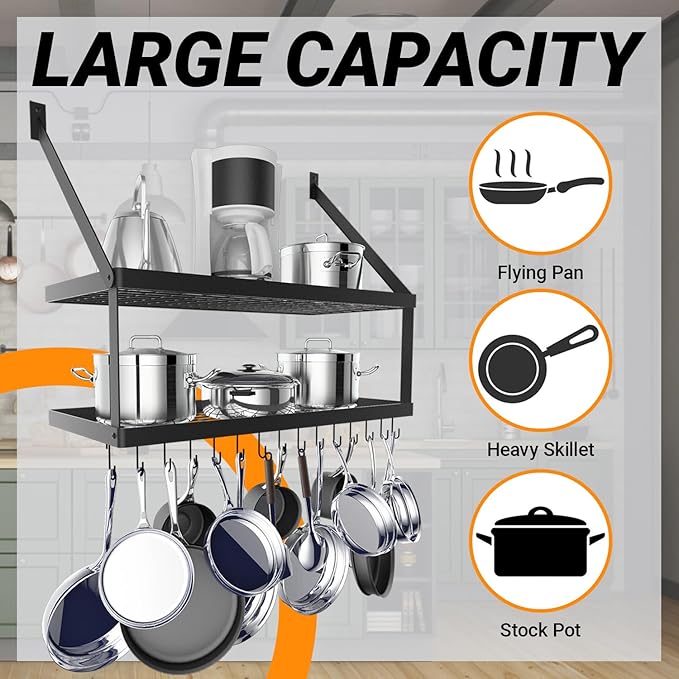 Square Grid Wall Mount Pot Rack with 2-Tier 15 Hooks, Kitchen Cookware Hanging Organizer Storage Shelf, 29.5 by 13.7-inch Black, KPR300B-BK