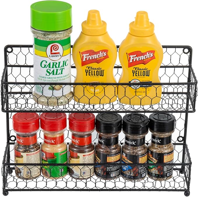 MyGift® Farmhouse Style Metal Wire Spice Rack - Wall Mount or Kitchen Countertop 2-Tier Seasoning Jar Storage Organizer, Black
