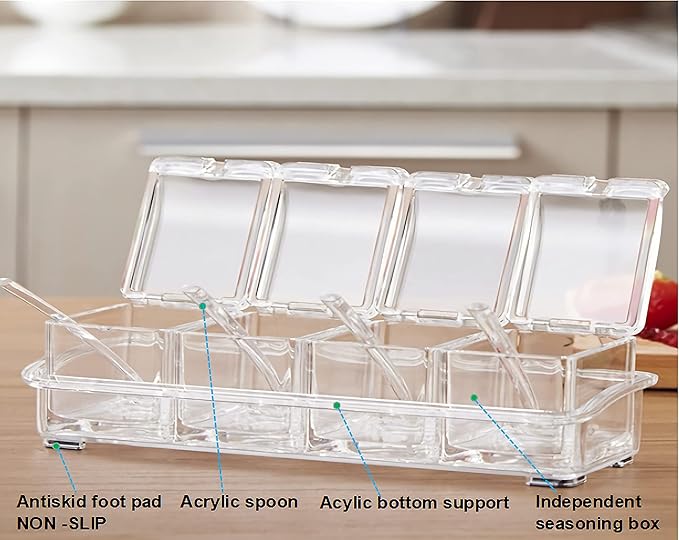 KNC Transparent Seasoning Rack Spice Pots, Storage Container Condiment Jars, 4 Piece Acrylic Seasoning Box with Cover and Spoon, Spice Rack Organizer for Kitchen, Counter, Food Storage