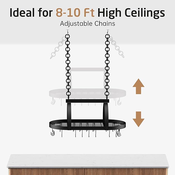 KES Ceiling Pot Rack 34-Inch Hanging Pot Rack for Kitchen Oval Pot and Pan Rack Matte Black Pot Hanger with 20 S Hooks (For 16" and 24" Stud Mount), KUR221S85-BK