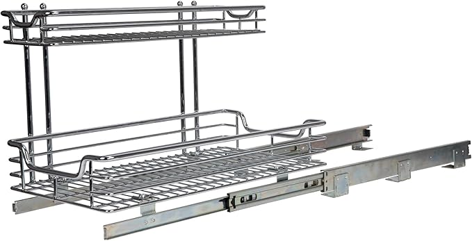 Household Essentials Glidez Multipurpose Chrome-Plated Steel Pull-Out/Slide-Out Storage Organizer for Under Sink or Under Cabinet Use - 2-Tier Design - Fits Standard Size Cabinet or Shelf, Chrome