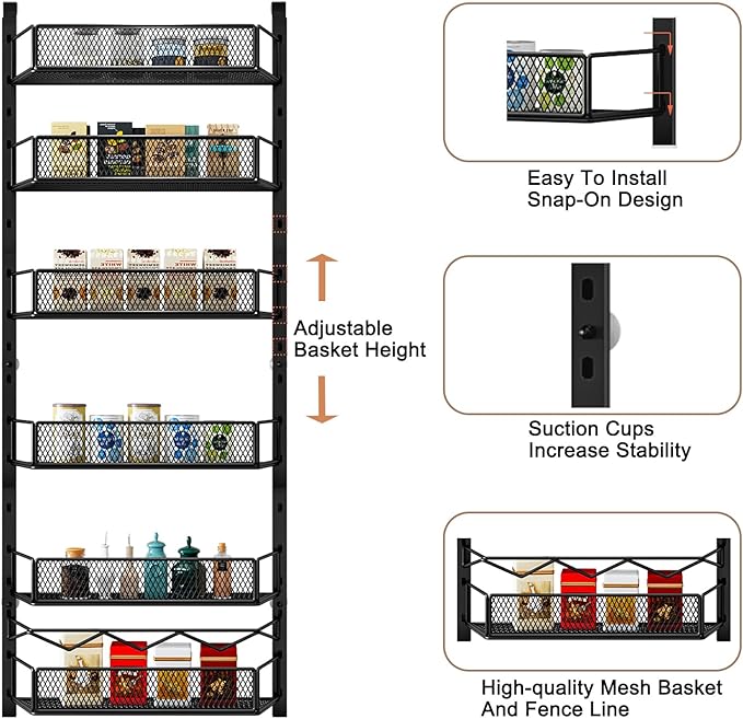 Over The Door Pantry Organizer, 6-Tier Pantry Organization and Storage,Adjustable Hanging Spice Rack Shelves, Cabinet Door Organizer for Easy Install, Home & Kitchen Essentials, Black