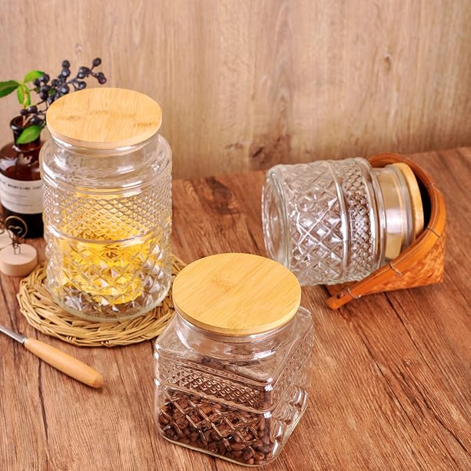 WHJY Glass Storage Container with Lid, Airtight Glass Jars, Farmhouse Tea Canister, Dog Treat Jar for Pet, Glass Candy Cookies Coffee Canister Jar Bath Salt Container - Round 67 oz