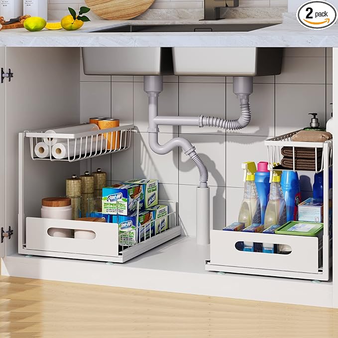 2 Pack Under Sink Organizer, 2 Tier Under Sink Organizers and Storage Multi-Purpose Under Sink Storage for Bathroom Kitchen (White)