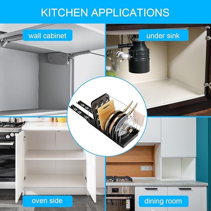 Golener Pots and Pans Organizer Under Cabinet - Pull Out Pot Pan Organizer Cabinet Pro, Pot Lid Holder for Kitchen, Slide Out Cabinet Organizer with Adjustable Dividers, Handles Bracket and Pull Shelf