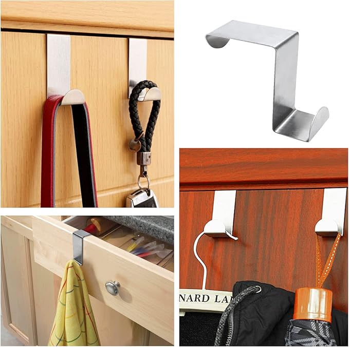 10 Pcs Over The Door Hooks Z-Shaped Hanging Hooks Dual Head Fits 3/4" and 1-1/2" Door Widths, Stainless Steel Reversible Single Hanger Hook for Door, Kitchen, Cabinet, Cupboard, Drawer