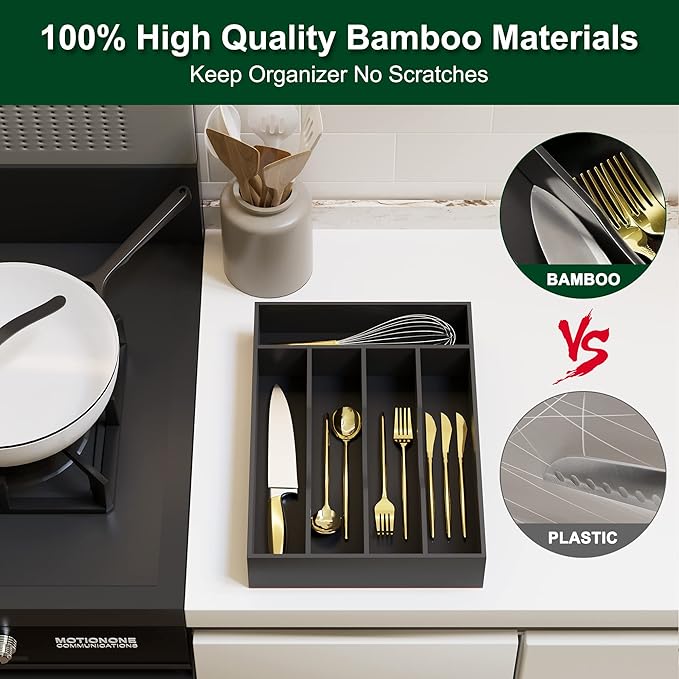 Bellsal Black Utensil Organizer - 10 Inch Silverware Tray with 5 Compartment Narrow Bamboo Drawer Organizer