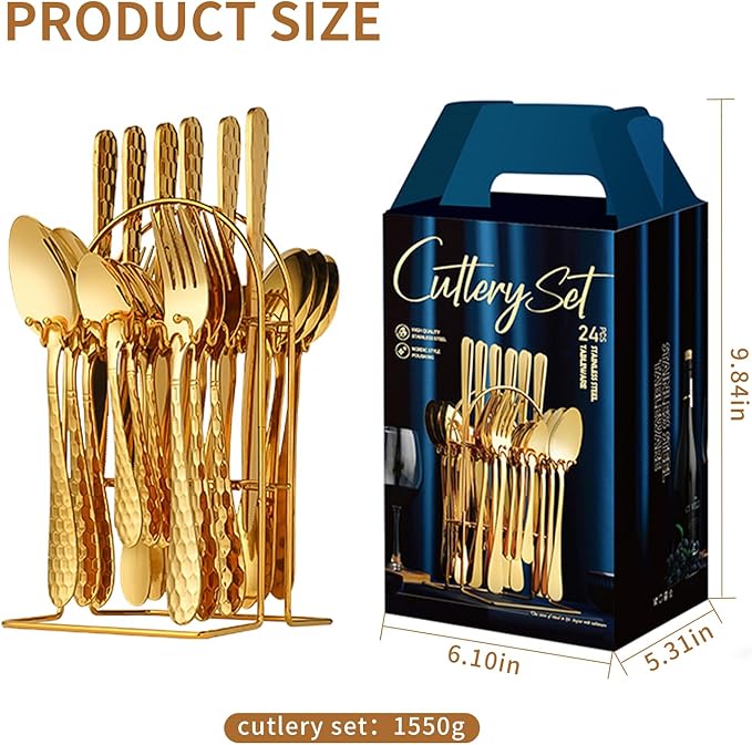 24 Piece Gold Silverware Set with Hanging holder-Service for 6,Stainless Steel Flatware Cutlery Set-Fork Spoon and Knife,Mirror Polished,Dishwasher Safe,Kitchen Utensil Tableware Set,Golden