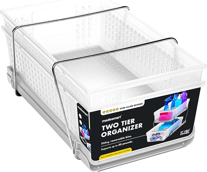 madesmart 2-Tier Organizer Slide-Out Baskets with Handles, Space Saving, Multi-Purpose Storage & BPA-Free, Large, Frost-with Dividers